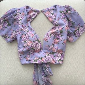 Backless cropped puff sleeve purple flowery top with deep sweet heart neckline